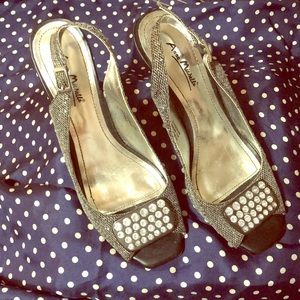 Silver sparkle square white studs decor heels